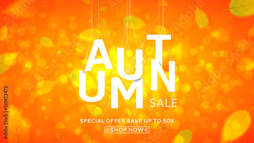 Web banner for autumn sale. Vector illustration with papper white letters. Seasonal offer with discounts. Bright orange background with the falling leaves.