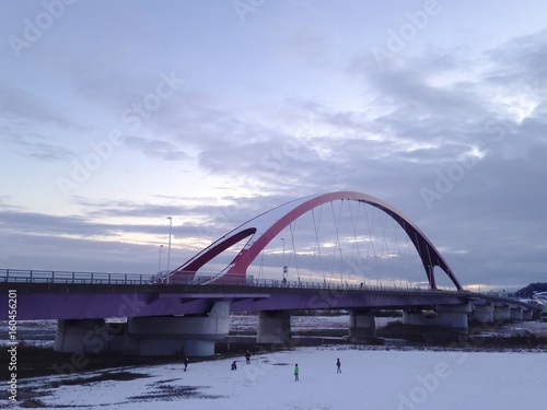 橋と雪が積もった河川敷