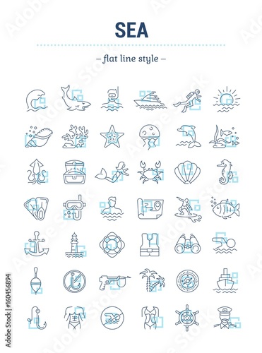 Vector graphic set.Isolated Icons in flat, contour, thin, minimal and linear desine.Sea and ocean.Flora and fauna of underwater world. Cruise.Concept illustration for Web site.Sign,symbol, element.