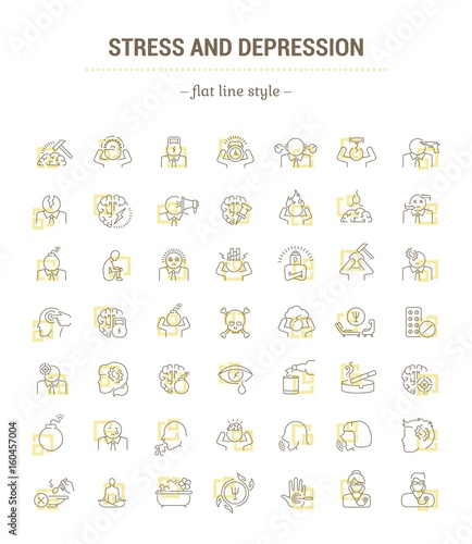 Vector graphic set.Isolated Icons in flat, contour, thin, minimal and linear design.Depression.Emotional disorder of the human condition.Concept illustration for Web site.Sign,symbol, element.