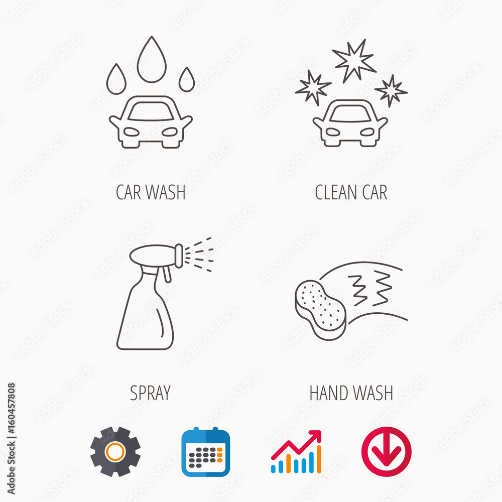 Car wash icons. Automatic cleaning station linear signs. Hand wash, sponge and spray flat line icons. Calendar, Graph chart and Cogwheel signs. Download colored web icon. Vector