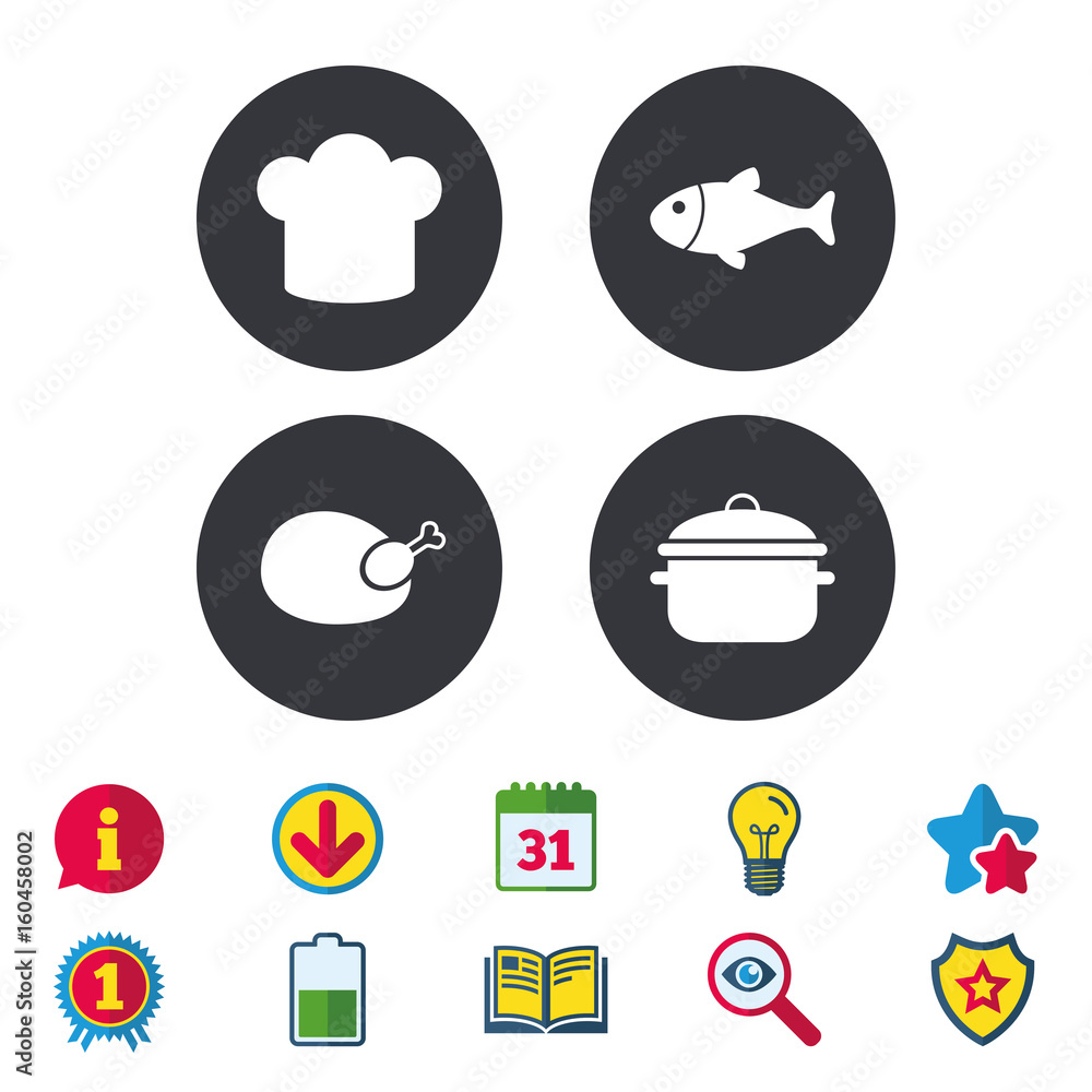 Chief hat, cooking pan icons. Fish and chicken.