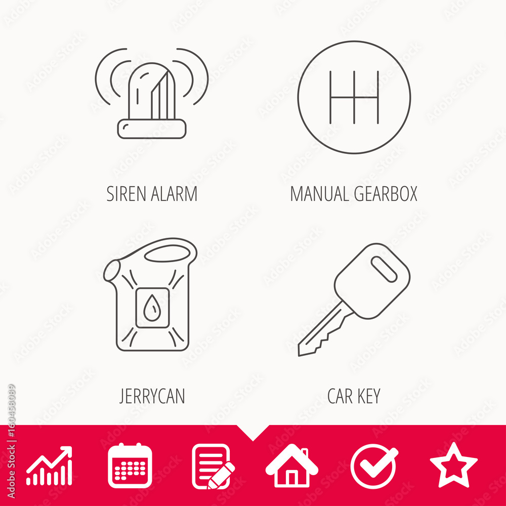 Manual gearbox, jerrycan and car key icons. Siren alarm, fuel jerrycan linear signs. Edit document, Calendar and Graph chart signs. Star, Check and House web icons. Vector Manual gearbox, jerrycan and car key icons. Siren alarm, fuel jerrycan linear signs. Edit document, Calendar and Graph chart signs. Star, Check and House web icons. Vector