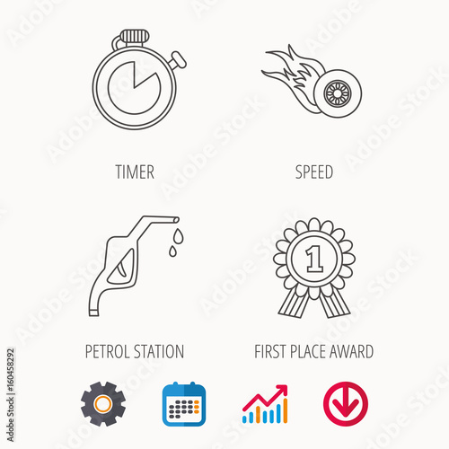 Winner award, petrol station and speed icons. Race timer linear sign. Calendar, Graph chart and Cogwheel signs. Download colored web icon. Vector