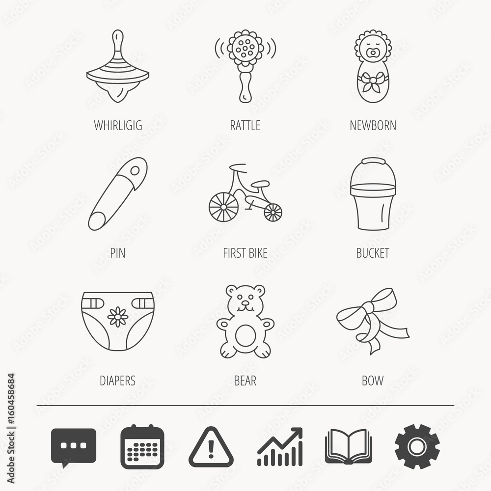 Newborn, diapers and bear toy icons. First bike, bow and pin linear signs. Rattle, whirligig and bucket flat line icons. Education book, Graph chart and Chat signs. Vector Newborn, diapers and bear toy icons. First bike, bow and pin linear signs. Rattle, whirligig and bucket flat line icons. Education book, Graph chart and Chat signs. Vector