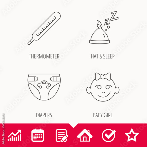 Thermometer, diapers and sleep hat icons. Baby girl linear sign. Edit document, Calendar and Graph chart signs. Star, Check and House web icons. Vector
