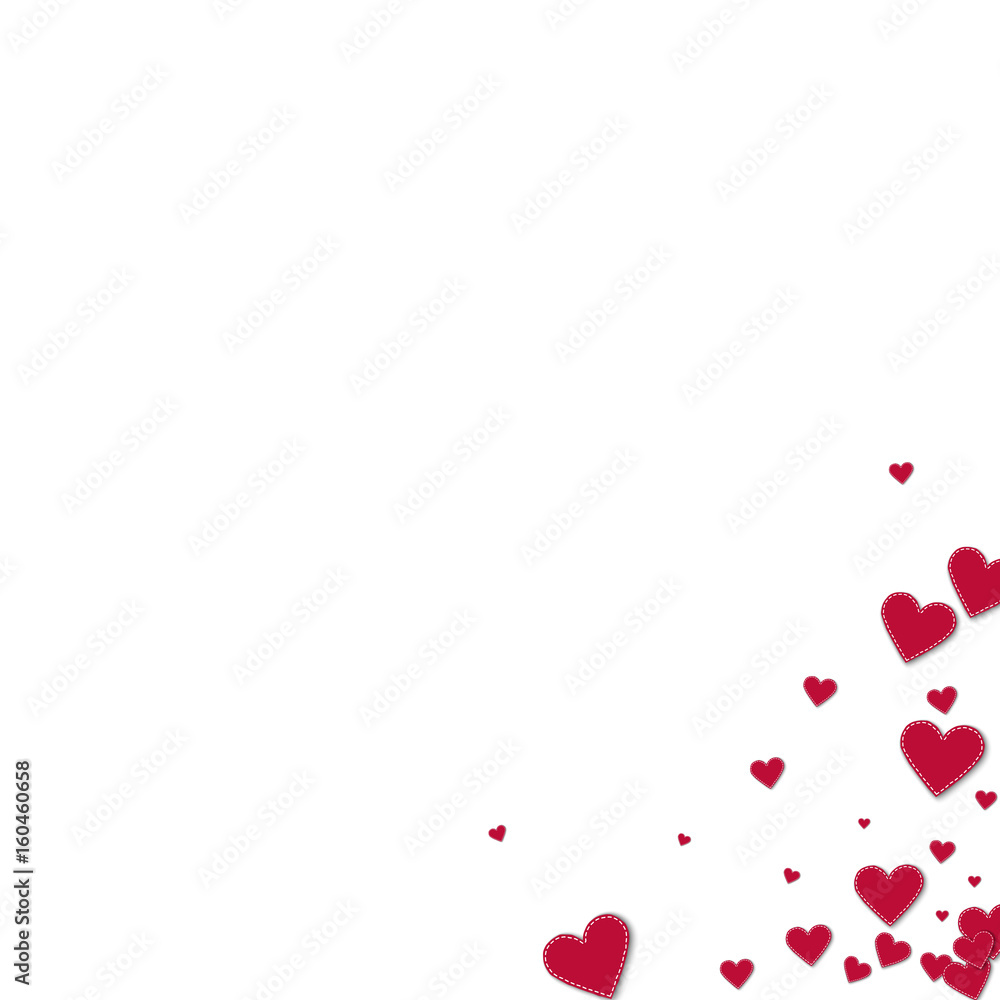 Red stitched paper hearts. Messy bottom right corner on white background. Vector illustration.