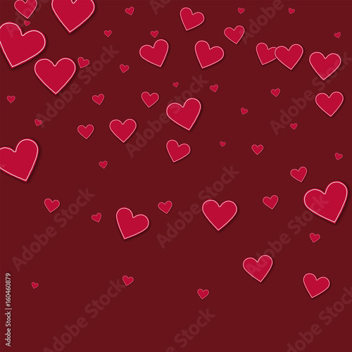 Cutout red paper hearts. Top gradient on wine red background. Vector illustration.