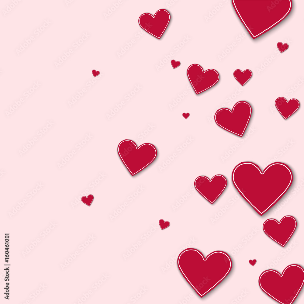 Random red paper hearts. Right gradient on light pink background. Vector illustration.