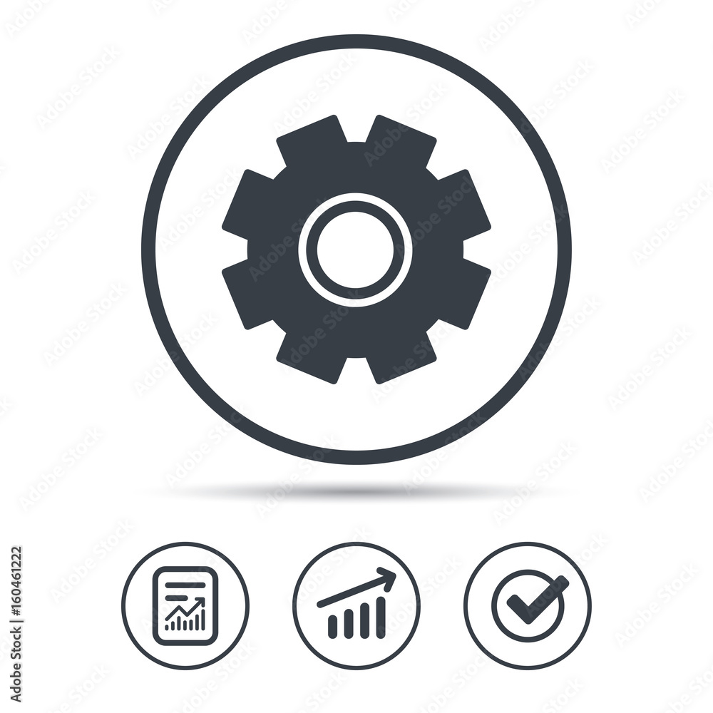 Cogwheel icon. Repair service symbol. Report document, Graph chart and Check signs. Circle web buttons. Vector Cogwheel icon. Repair service symbol. Report document, Graph chart and Check signs. Circle web buttons. Vector