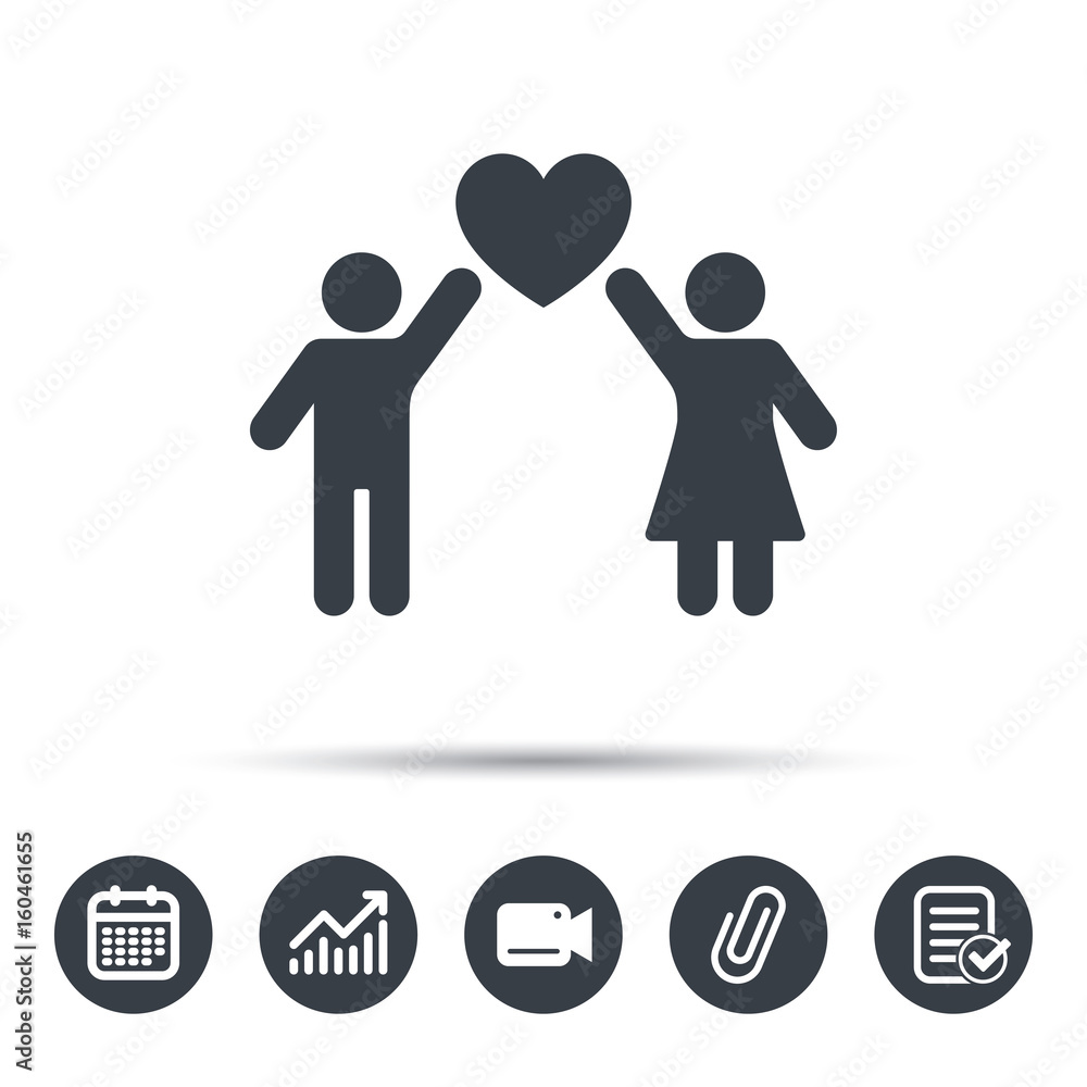 Couple love icon. Traditional young family symbol. Calendar, chart and checklist signs. Video camera and attach clip web icons. Vector Couple love icon. Traditional young family symbol. Calendar, chart and checklist signs. Video camera and attach clip web icons. Vector