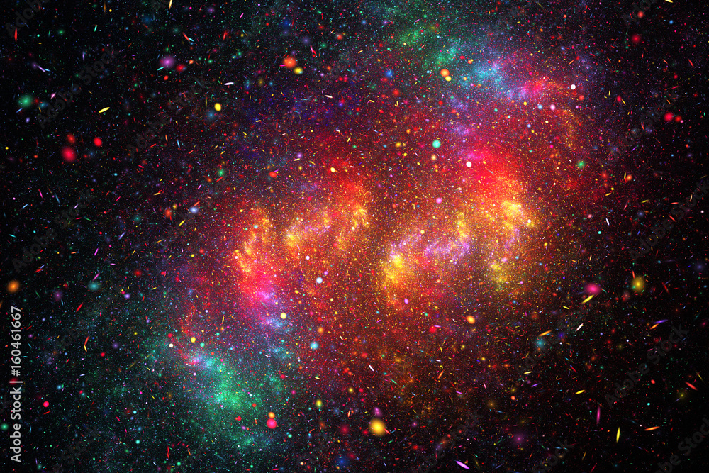 Rainbow galaxy. Abstract red, orange, green and blue square bokeh on