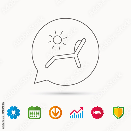 Deck chair icon. Beach chaise longue sign. Calendar, Graph chart and Cogwheel signs. Download and Shield web icons. Vector