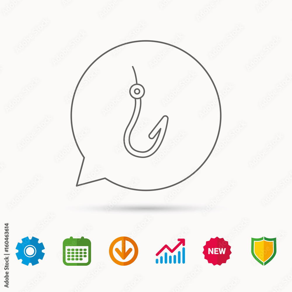 Fishing hook icon. Fisherman equipment sign. Calendar, Graph chart and Cogwheel signs. Download and Shield web icons. Vector Fishing hook icon. Fisherman equipment sign. Calendar, Graph chart and Cogwheel signs. Download and Shield web icons. Vector