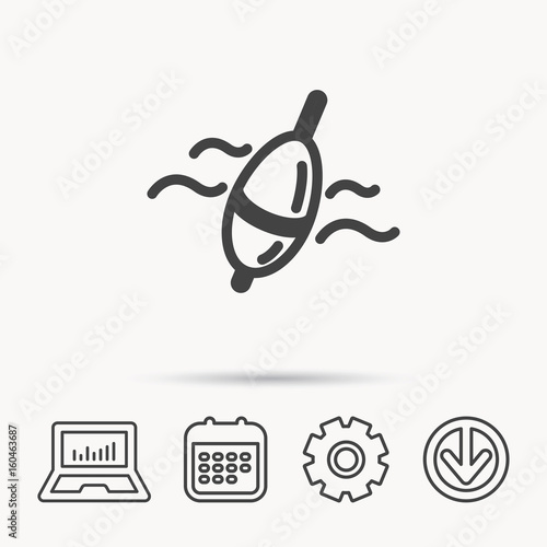 Fishing float icon. Bobber in waves sign. Angling symbol. Notebook, Calendar and Cogwheel signs. Download arrow web icon. Vector
