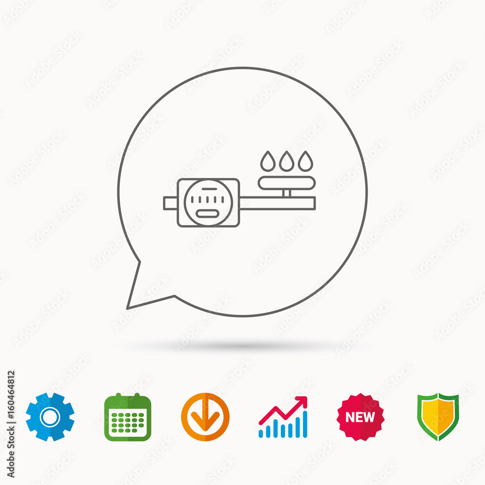Gas counter icon. Pipe with fire sign. Calendar, Graph chart and Cogwheel signs. Download and Shield web icons. Vector Gas counter icon. Pipe with fire sign. Calendar, Graph chart and Cogwheel signs. Download and Shield web icons. Vector
