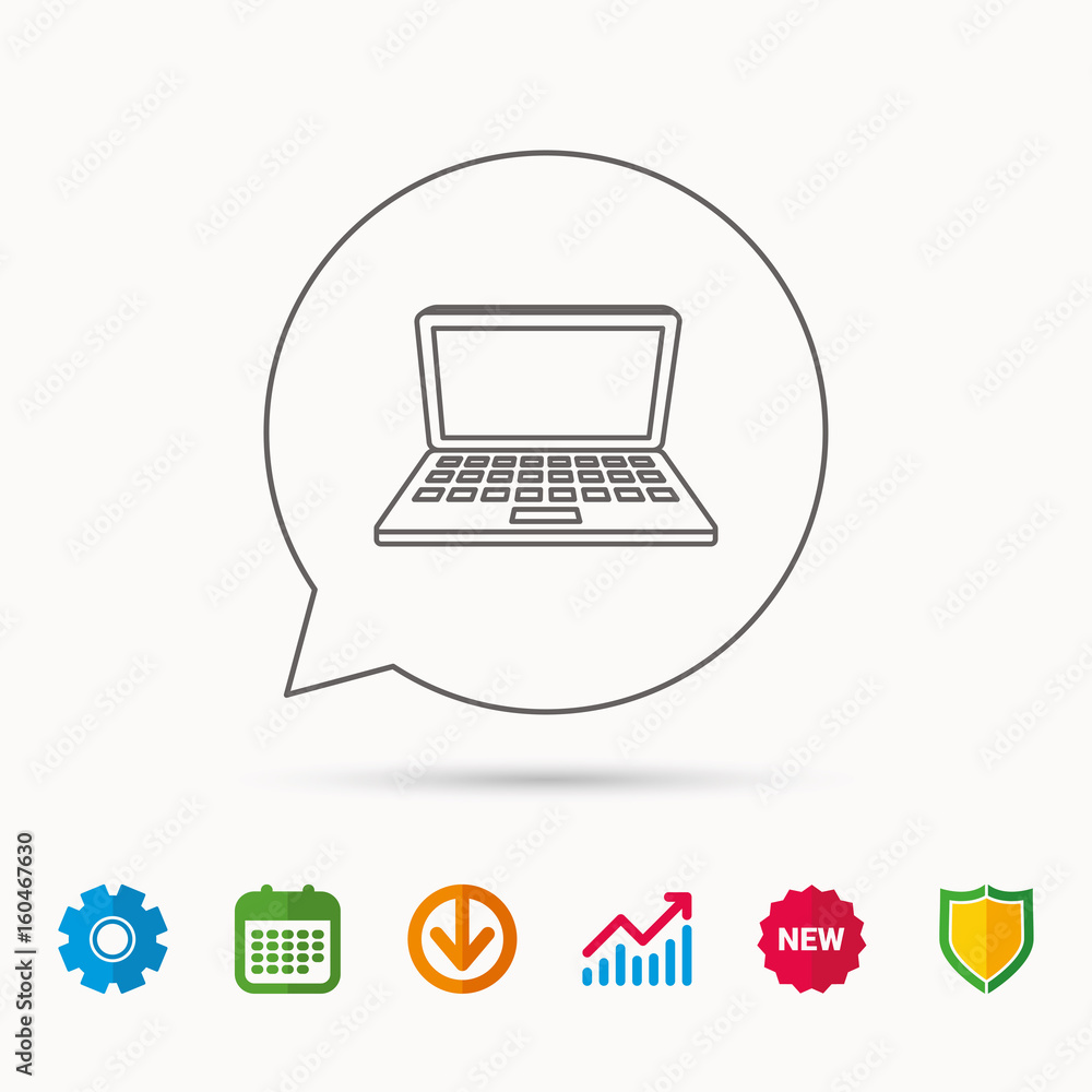 Laptop icon. Mobile PC sign. Calendar, Graph chart and Cogwheel signs. Download and Shield web icons. Vector Laptop icon. Mobile PC sign. Calendar, Graph chart and Cogwheel signs. Download and Shield web icons. Vector