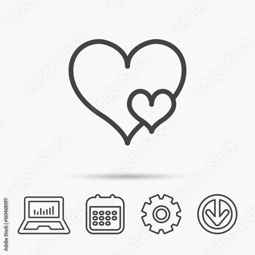 Love hearts icon. Lovers sign. Couple relationships. Notebook, Calendar and Cogwheel signs. Download arrow web icon. Vector
