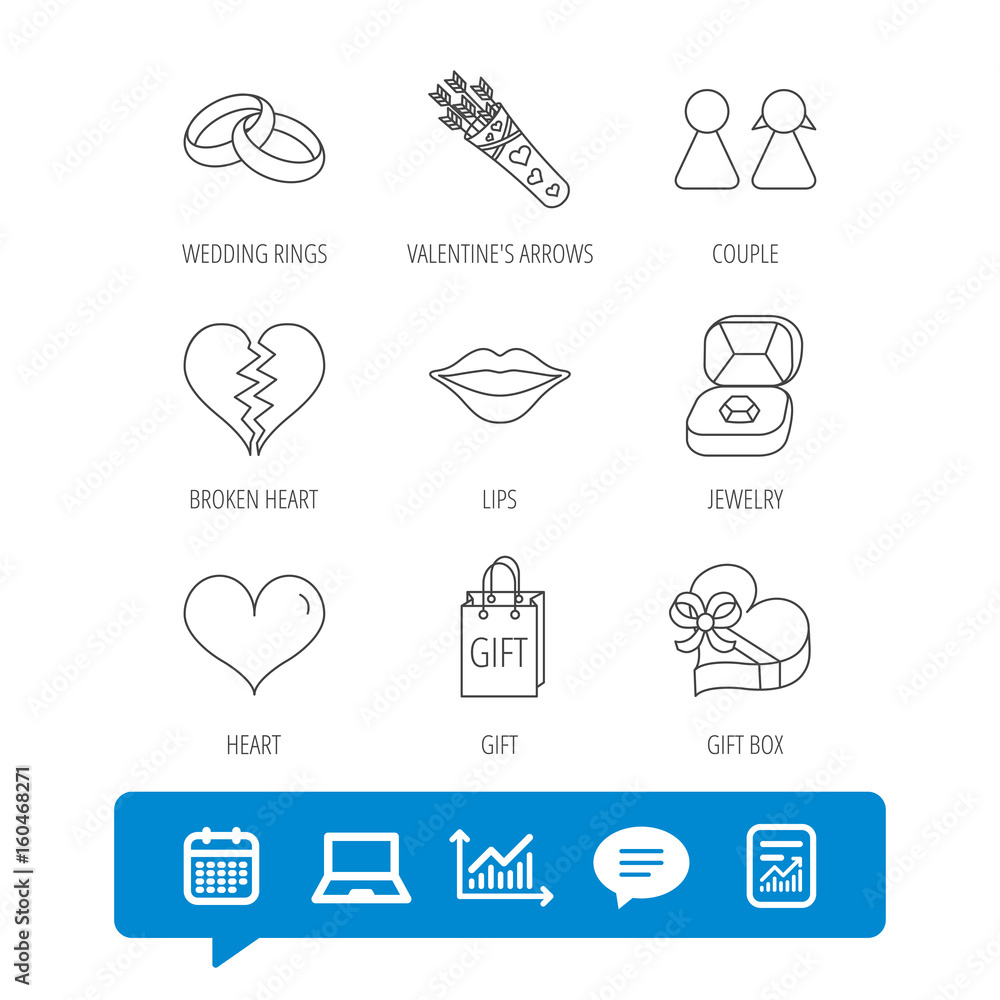 Love heart, kiss and wedding rings icons. Broken heart, couple and gift box linear signs. Valentine amour arrows flat line icons. Report file, Graph chart and Chat speech bubble signs. Vector Love heart, kiss and wedding rings icons. Broken heart, couple and gift box linear signs. Valentine amour arrows flat line icons. Report file, Graph chart and Chat speech bubble signs. Vector