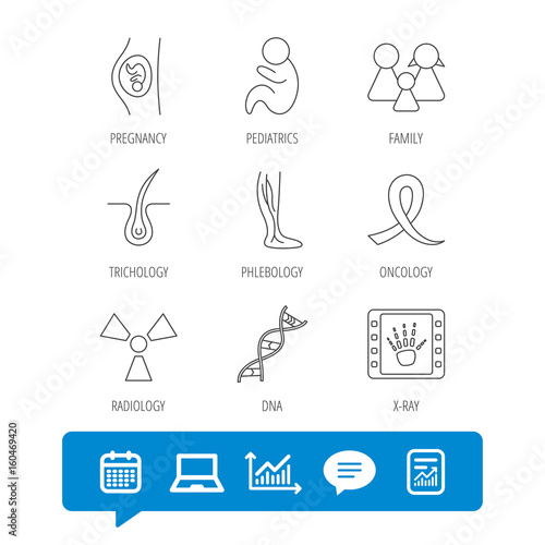 Pregnancy, pediatrics and family icons. Trichology, vein varicose and oncology awareness ribbon linear signs. Radiology, DNA icons. Report file, Graph chart and Chat speech bubble signs. Vector