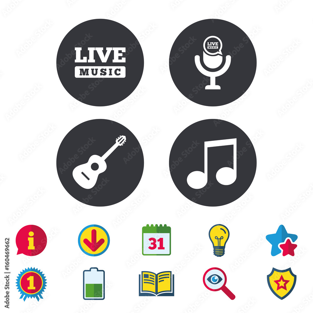 Fototapeta premium Musical elements icon. Microphone, Music note.