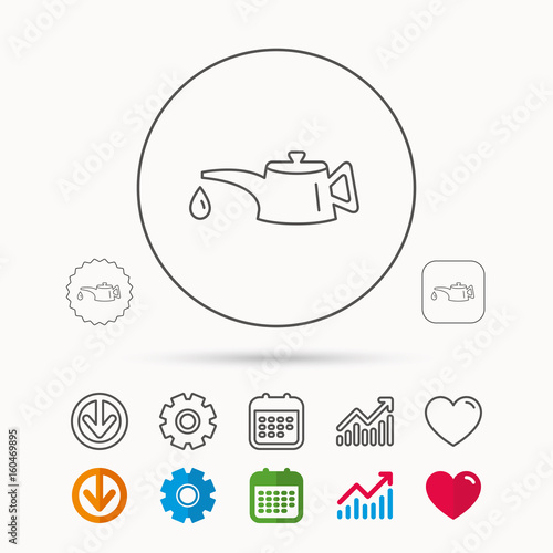 Motor oil icon. Fuel can with drop sign. Calendar, Graph chart and Cogwheel signs. Download and Heart love linear web icons. Vector