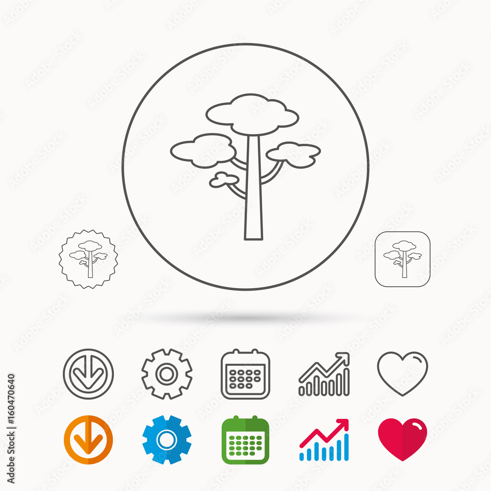 Pine tree icon. Forest wood sign. Nature environment symbol. Calendar, Graph chart and Cogwheel signs. Download and Heart love linear web icons. Vector Pine tree icon. Forest wood sign. Nature environment symbol. Calendar, Graph chart and Cogwheel signs. Download and Heart love linear web icons. Vector