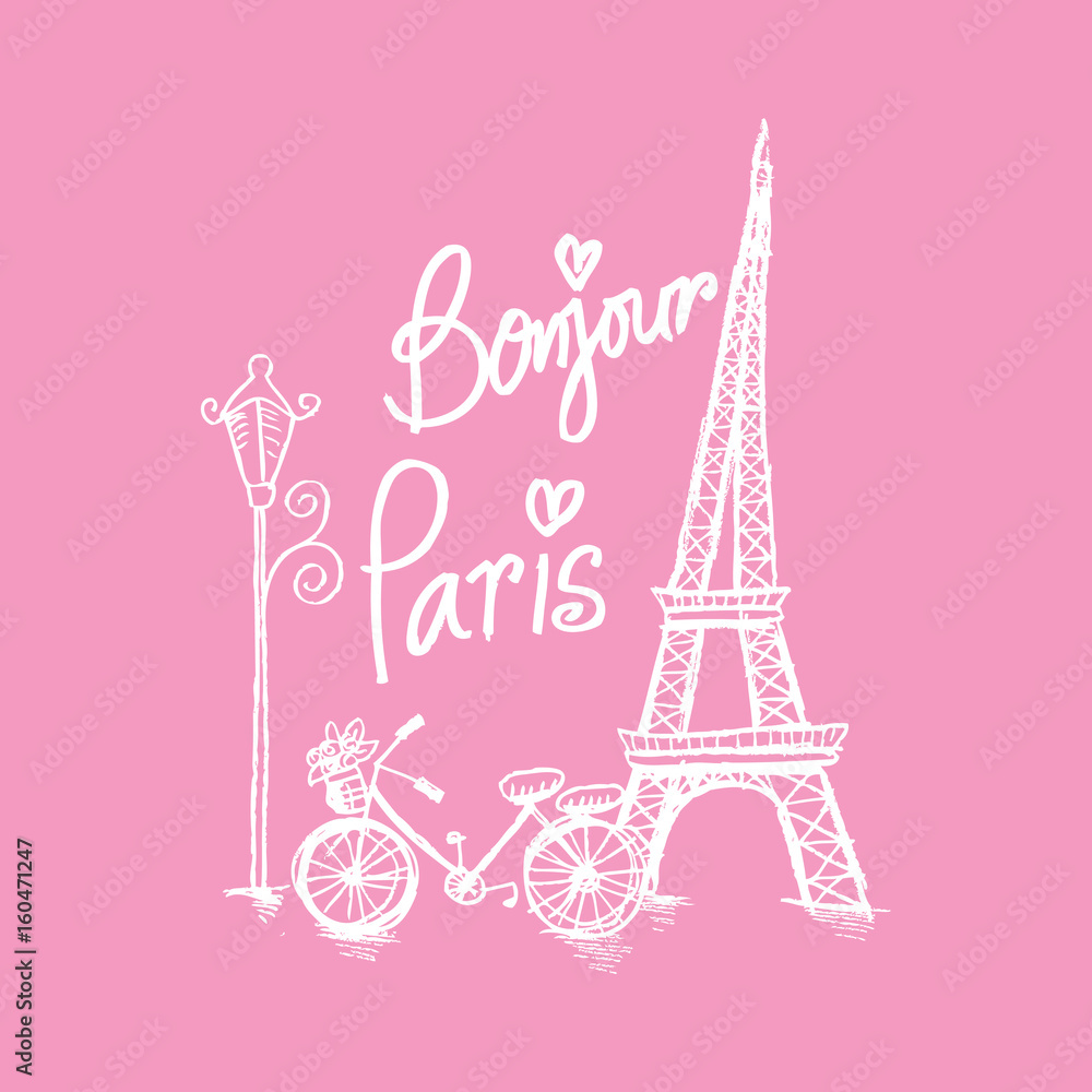 Bonjour Paris text with tower eiffel and bicycle.
