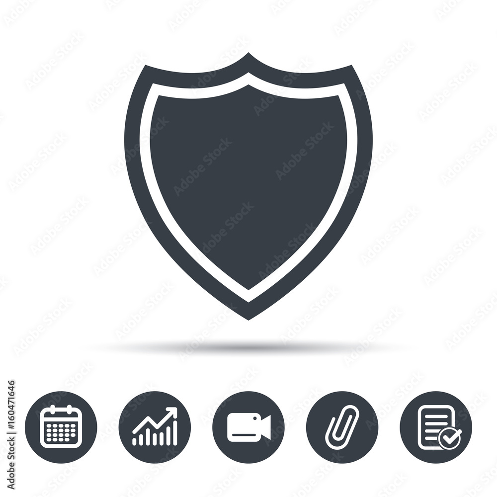 Shield protection icon. Defense equipment symbol. Calendar, chart and checklist signs. Video camera and attach clip web icons. Vector