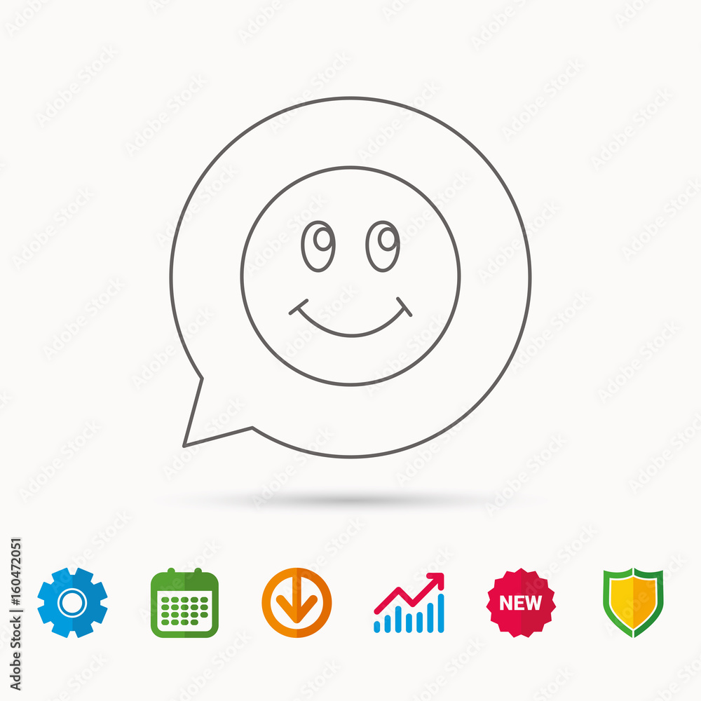 Smile icon. Positive happy face sign. Happiness and cheerful symbol. Calendar, Graph chart and Cogwheel signs. Download and Shield web icons. Vector Smile icon. Positive happy face sign. Happiness and cheerful symbol. Calendar, Graph chart and Cogwheel signs. Download and Shield web icons. Vector