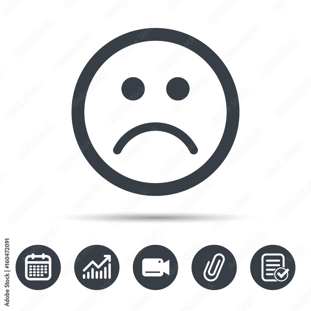 Sad smiley icon. Bad feedback symbol. Calendar, chart and checklist signs. Video camera and attach clip web icons. Vector Sad smiley icon. Bad feedback symbol. Calendar, chart and checklist signs. Video camera and attach clip web icons. Vector