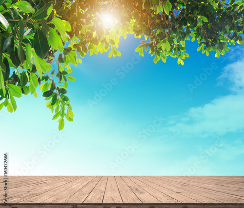empty wood plank floor mock on the blule sky with green leaves and sun light for display or montage your work background © boonchuay1970