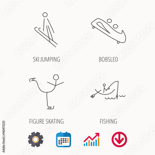 Fishing, figure skating and bobsled icons. Ski jumping linear sign. Calendar, Graph chart and Cogwheel signs. Download colored web icon. Vector
