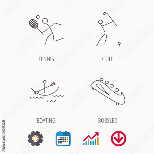 Boating, tennis and golf icons. Bobsled linear sign. Calendar, Graph chart and Cogwheel signs. Download colored web icon. Vector