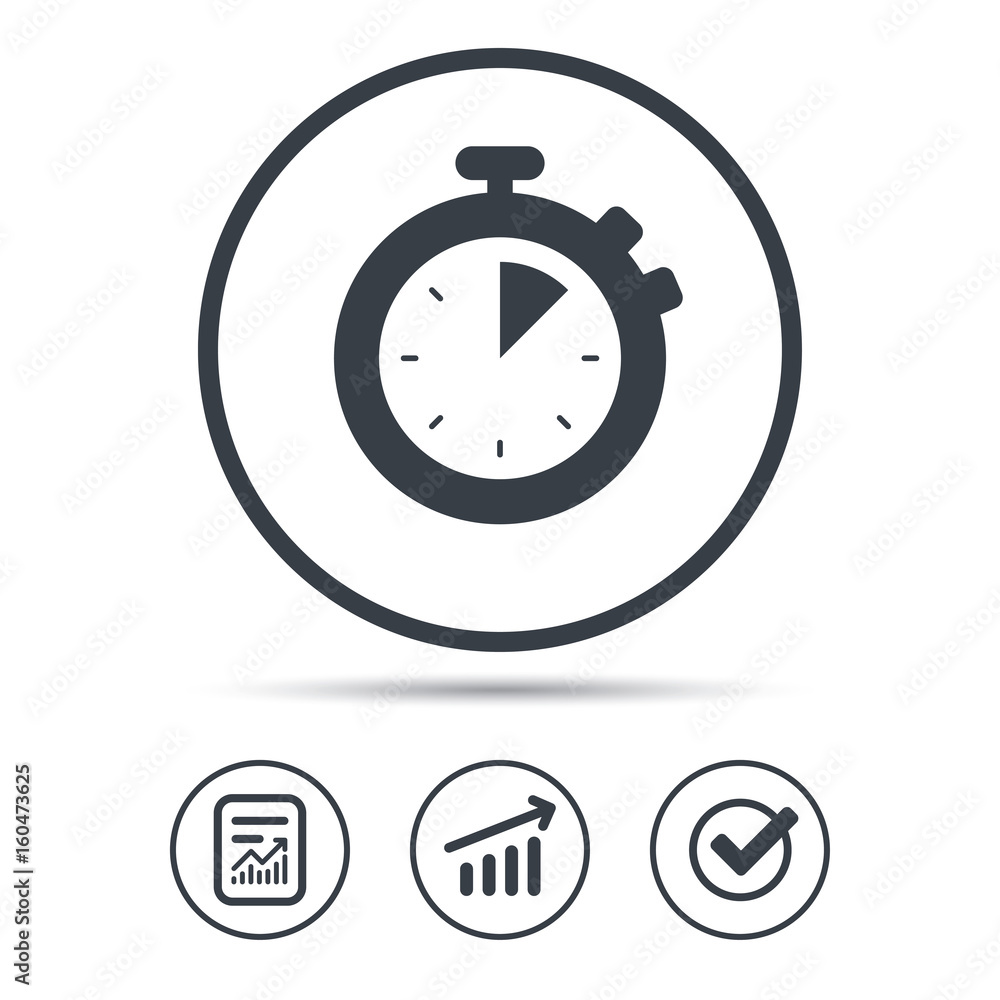 Stopwatch icon. Timer or clock device symbol. Report document, Graph chart and Check signs. Circle web buttons. Vector Stopwatch icon. Timer or clock device symbol. Report document, Graph chart and Check signs. Circle web buttons. Vector