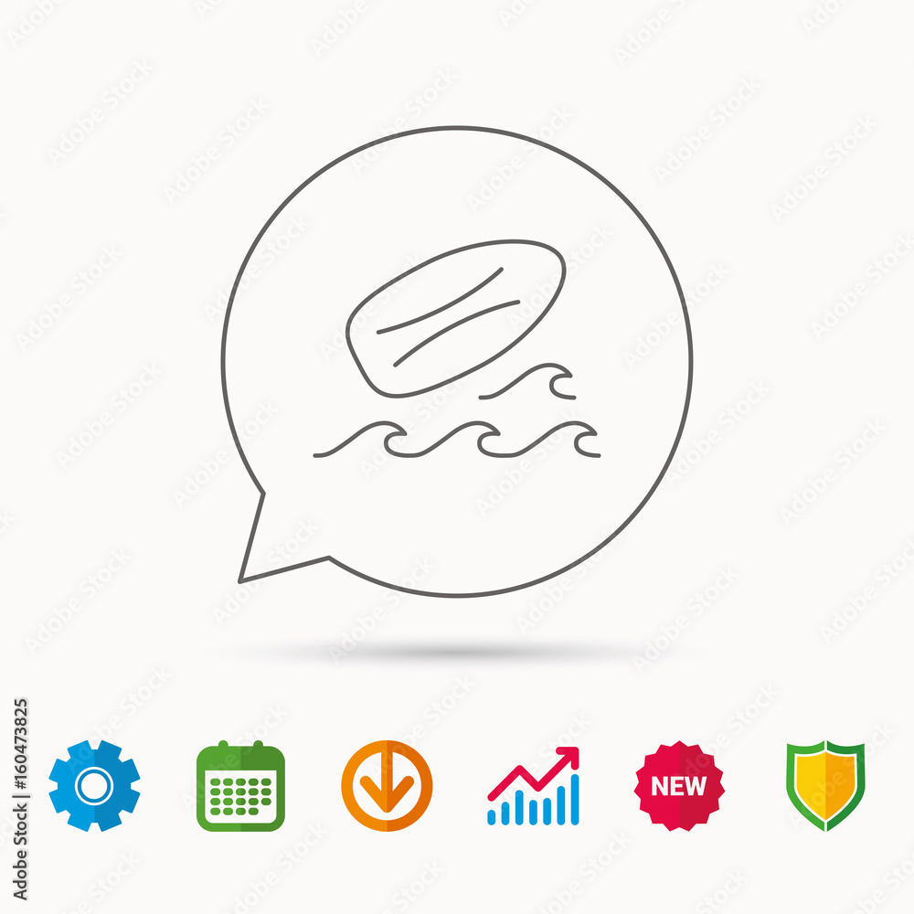 Surfboard icon. Surfing waves sign. Calendar, Graph chart and Cogwheel signs. Download and Shield web icons. Vector Surfboard icon. Surfing waves sign. Calendar, Graph chart and Cogwheel signs. Download and Shield web icons. Vector