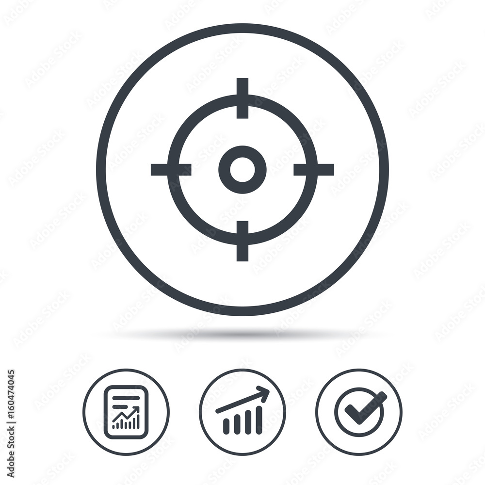 Target icon. Crosshair aim symbol. Report document, Graph chart and Check signs. Circle web buttons. Vector Target icon. Crosshair aim symbol. Report document, Graph chart and Check signs. Circle web buttons. Vector