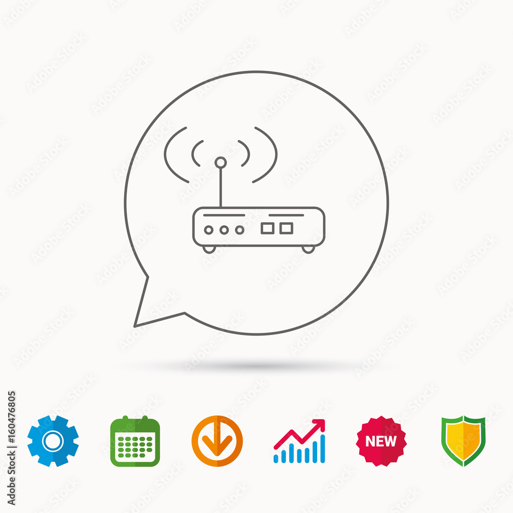 Wi-fi router icon. Wifi wireless internet sign. Device with antenna symbol. Calendar, Graph chart and Cogwheel signs. Download and Shield web icons. Vector Wi-fi router icon. Wifi wireless internet sign. Device with antenna symbol. Calendar, Graph chart and Cogwheel signs. Download and Shield web icons. Vector