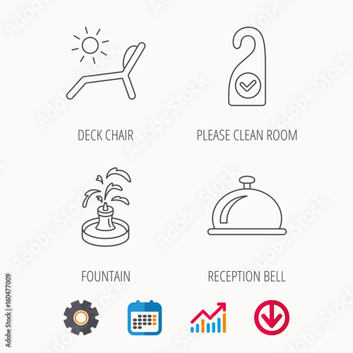 Reception bell, fountain and beach deck chair icons. Clean room linear sign. Calendar, Graph chart and Cogwheel signs. Download colored web icon. Vector