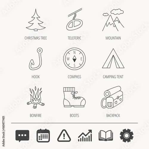 Mountain, fishing hook and hiking boots icons. Compass, backpack and bonfire linear signs. Camping tent, teleferic and christmas tree icons. Education book, Graph chart and Chat signs. Vector