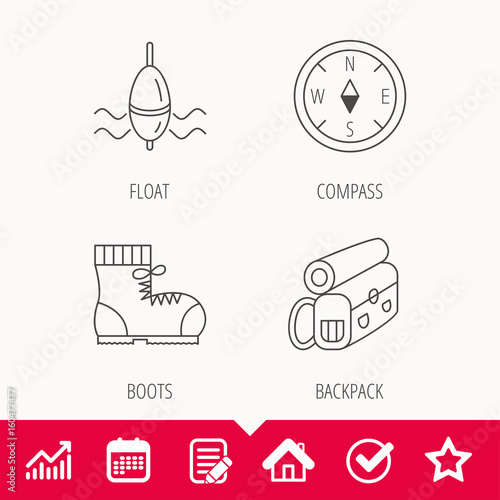 Compass, fishing float and hiking boots icons. Backpack linear sign. Edit document, Calendar and Graph chart signs. Star, Check and House web icons. Vector