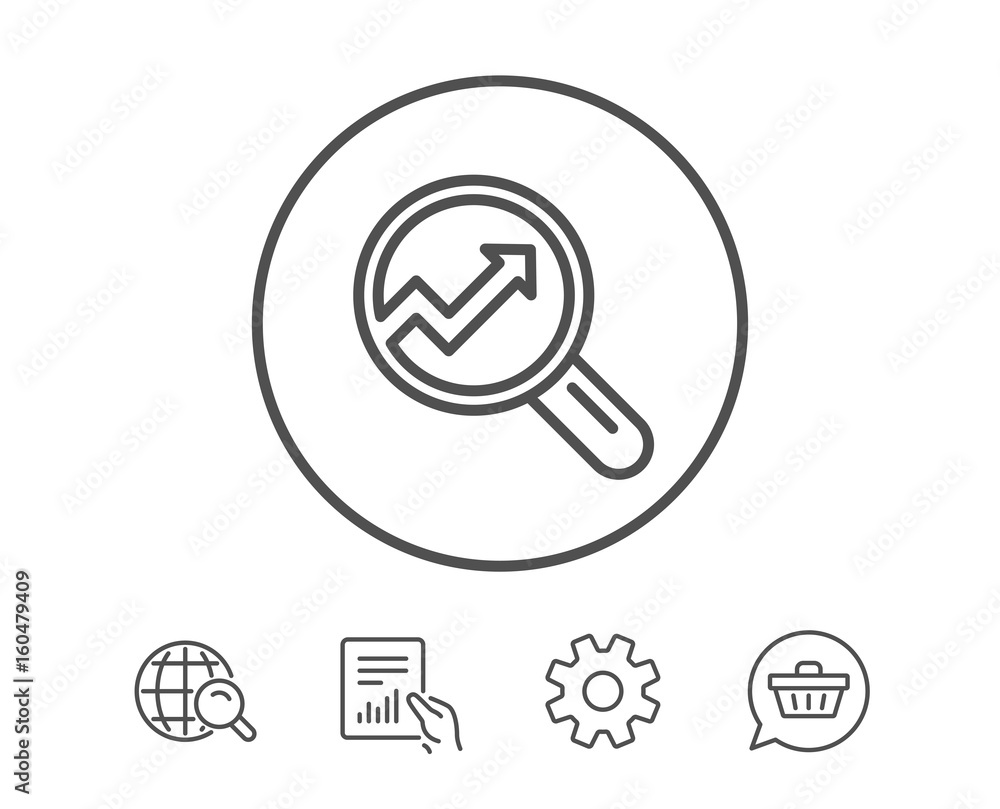 Chart line icon. Report graph sign in magnifier. Chart line icon. Report graph sign in magnifier.