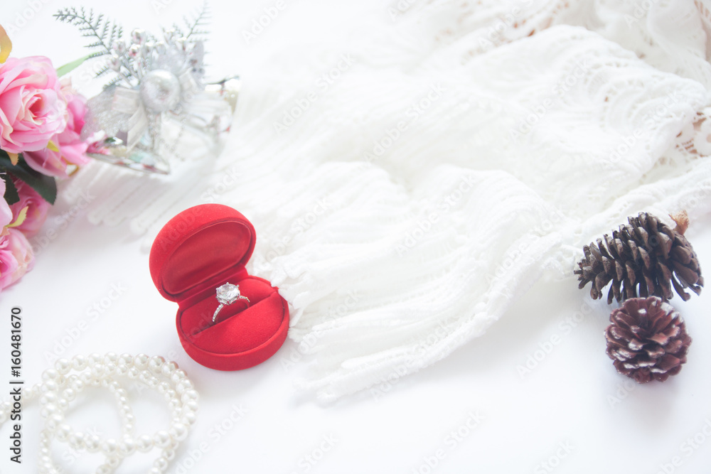 Wedding concept, Selective focus on diamond ring in red box Wedding concept, Selective focus on diamond ring in red box