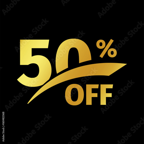 Black banner discount purchase 50 percent sale vector gold logo on a black background. Promotional business offer for buyers logotype. Fifty percentage off, discounts in the strict style coupon.
