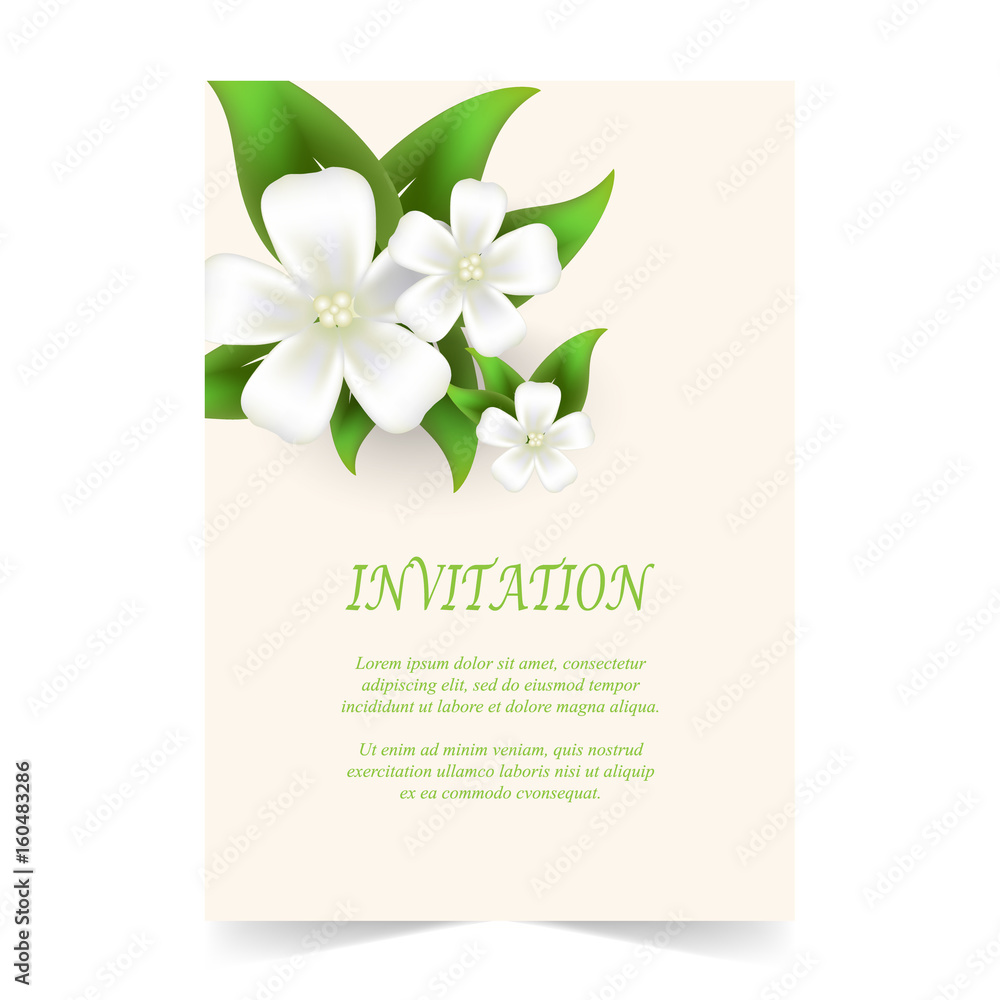 Invitation card, wedding card with white flowers bouquet in spring time on ivory background