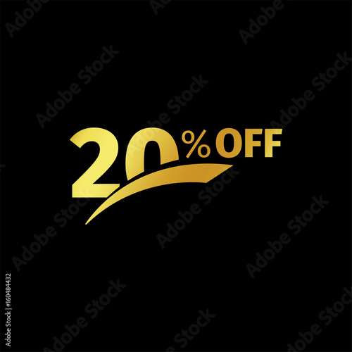 Black banner discount purchase 20 percent sale vector gold logo on a black background. Promotional business offer for buyers logotype. Twenty percentage off, discounts in the strict style coupon.