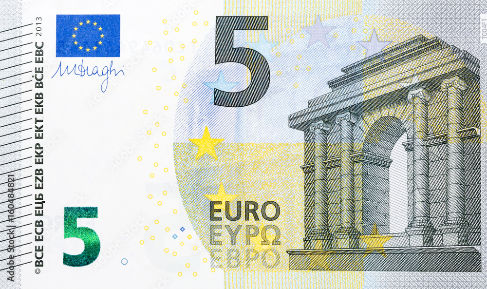 Macro detailed text on a 5 euro banknotes. - obrazy, fototapety, plakaty 