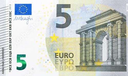 Macro detailed text on a 5 euro banknotes. photo