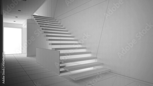 Unfinished project of modern entrance hall with wooden staircase, sketch abstract interior design