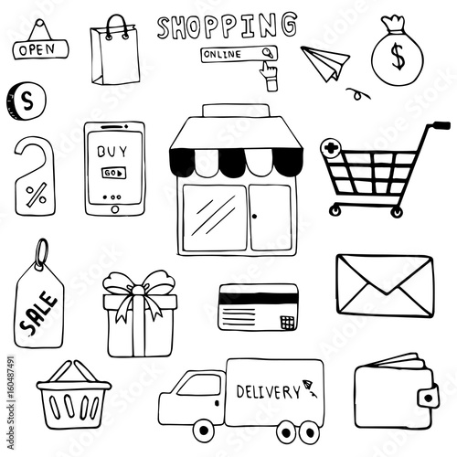Hand drawn of shopping doodle art vector design. Ecommerce shopping concept.